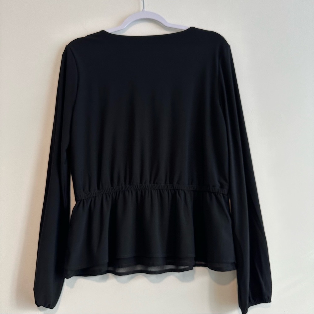 WHBM | Black Button Front Chiffon Long Sleeve Stretch Blouse Sz M - Picture 5 of 8